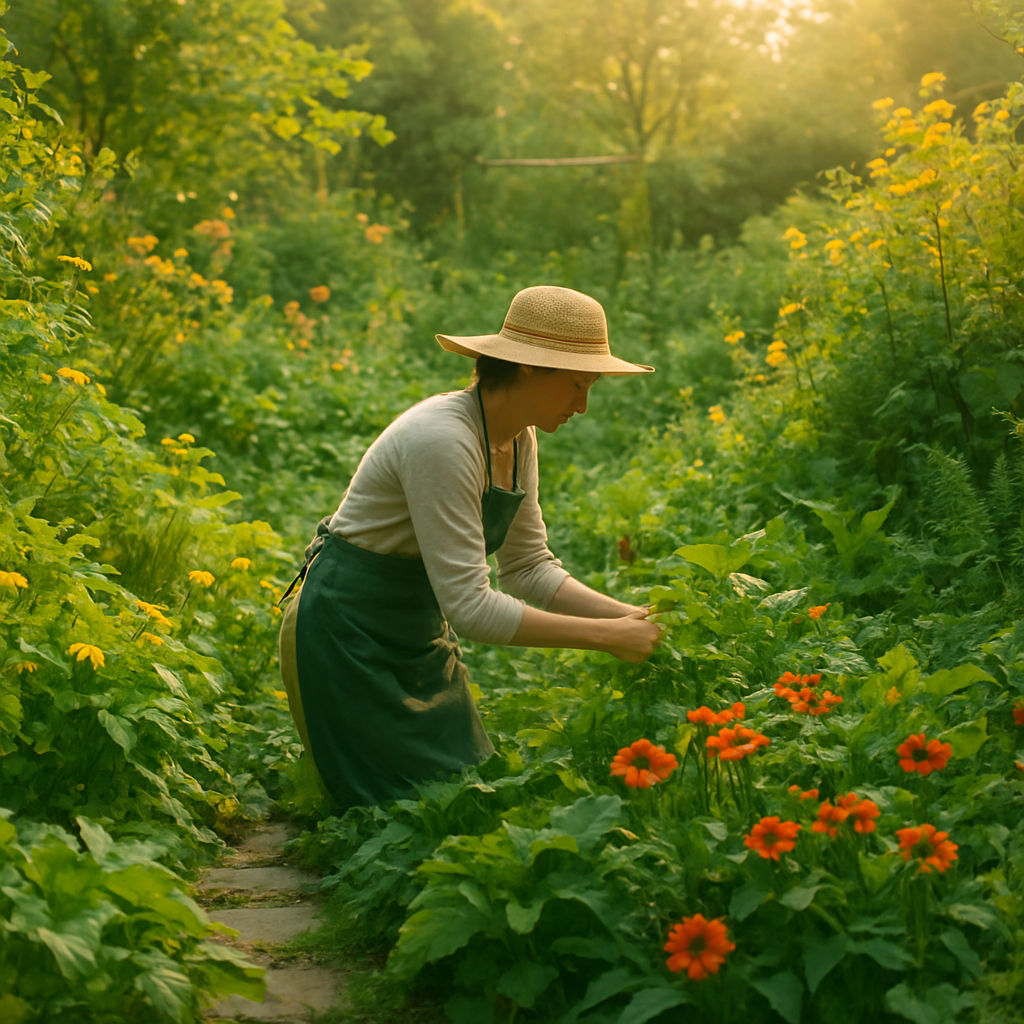 A lush home garden bathed in golden light